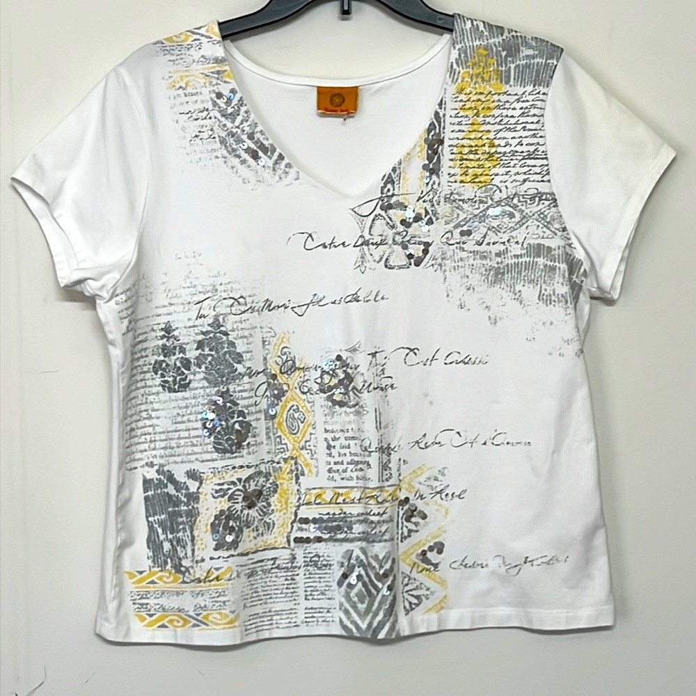 🌞 Ruby Rd white yellow grey bling sequin top short sleeves v-neck women size L